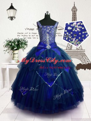 Royal Blue Ball Gowns Beading and Belt Womens Party Dresses Lace Up Tulle Sleeveless Floor Length