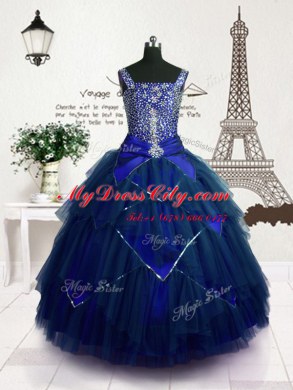 Royal Blue Ball Gowns Beading and Belt Womens Party Dresses Lace Up Tulle Sleeveless Floor Length