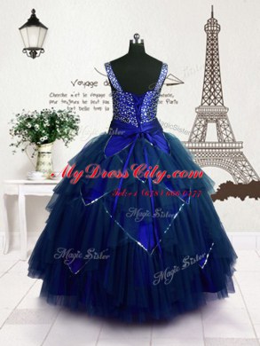 Royal Blue Ball Gowns Beading and Belt Womens Party Dresses Lace Up Tulle Sleeveless Floor Length