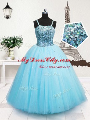 Charming Turquoise Ball Gowns Spaghetti Straps Sleeveless Tulle Floor Length Zipper Beading and Sequins Child Pageant Dress