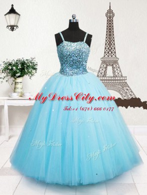 Charming Turquoise Ball Gowns Spaghetti Straps Sleeveless Tulle Floor Length Zipper Beading and Sequins Child Pageant Dress