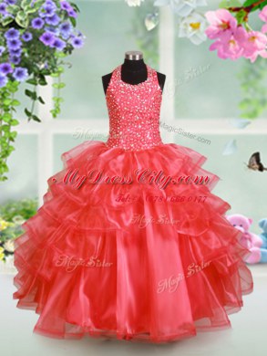 Customized Ruffled Floor Length Watermelon Red Kids Pageant Dress Halter Top Sleeveless Lace Up