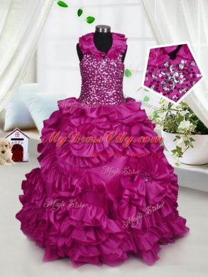 Sweet Fuchsia Halter Top Neckline Beading and Ruffles Little Girls Pageant Gowns Sleeveless Zipper