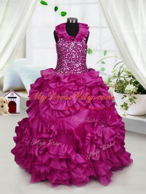 Sweet Fuchsia Halter Top Neckline Beading and Ruffles Little Girls Pageant Gowns Sleeveless Zipper