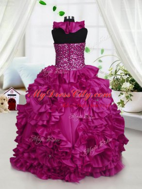 Sweet Fuchsia Halter Top Neckline Beading and Ruffles Little Girls Pageant Gowns Sleeveless Zipper