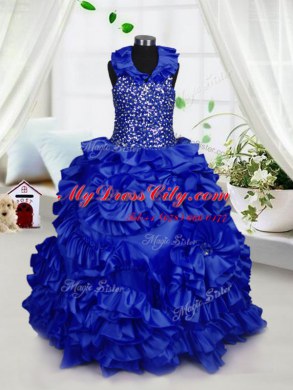 Halter Top Floor Length Royal Blue Pageant Dress for Teens Taffeta Sleeveless Beading and Ruffles