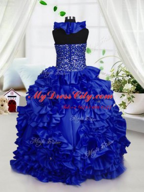 Halter Top Floor Length Royal Blue Pageant Dress for Teens Taffeta Sleeveless Beading and Ruffles