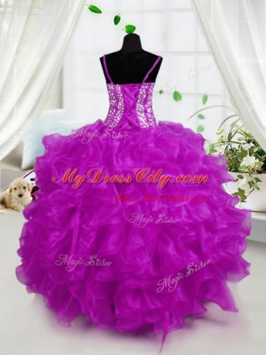 Sleeveless Lace Up Floor Length Beading and Ruffles Party Dress for Toddlers