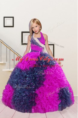 Halter Top Floor Length Hot Pink Juniors Party Dress Fabric With Rolling Flowers Sleeveless Beading and Ruffles