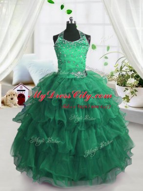 Trendy Ruffled Floor Length Peacock Green Pageant Dress Toddler Scoop Sleeveless Lace Up