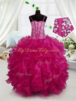 Floor Length Ball Gowns Sleeveless Hot Pink Little Girl Pageant Gowns Lace Up