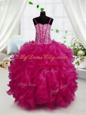 Floor Length Ball Gowns Sleeveless Hot Pink Little Girl Pageant Gowns Lace Up