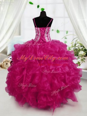 Floor Length Ball Gowns Sleeveless Hot Pink Little Girl Pageant Gowns Lace Up