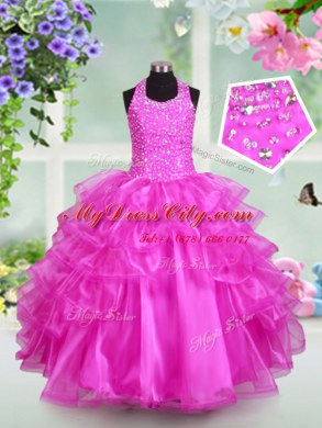 Beautiful Halter Top Ruffled Floor Length Ball Gowns Sleeveless Fuchsia Party Dress Lace Up