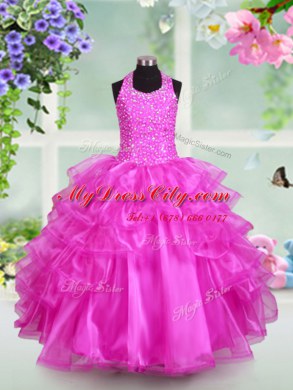 Beautiful Halter Top Ruffled Floor Length Ball Gowns Sleeveless Fuchsia Party Dress Lace Up