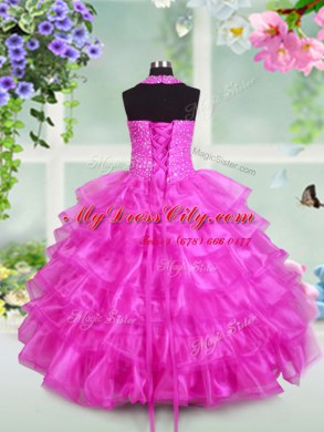 Beautiful Halter Top Ruffled Floor Length Ball Gowns Sleeveless Fuchsia Party Dress Lace Up