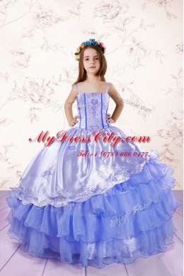 Perfect Spaghetti Straps Sleeveless Casual Dresses Floor Length Embroidery and Ruffled Layers Baby Blue Organza