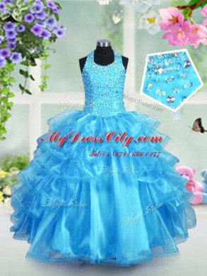 Halter Top Aqua Blue Ball Gowns Beading and Ruffled Layers Evening Gowns Lace Up Organza Sleeveless Floor Length