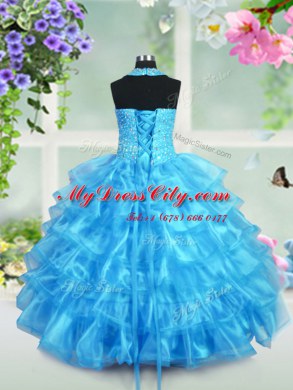 Halter Top Aqua Blue Ball Gowns Beading and Ruffled Layers Evening Gowns Lace Up Organza Sleeveless Floor Length