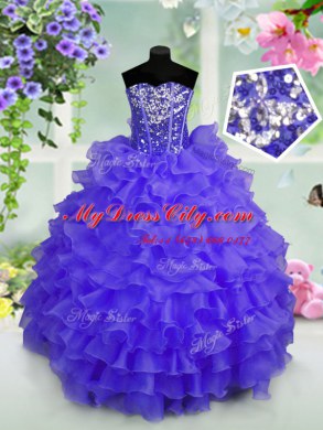 Sleeveless Organza Floor Length Lace Up Party Dress for Toddlers in Blue with Ruffled Layers and Sequins