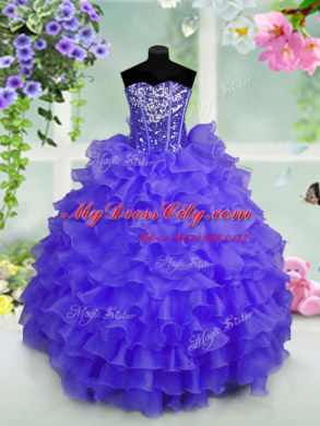 Sleeveless Organza Floor Length Lace Up Party Dress for Toddlers in Blue with Ruffled Layers and Sequins