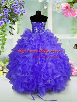 Sleeveless Organza Floor Length Lace Up Party Dress for Toddlers in Blue with Ruffled Layers and Sequins