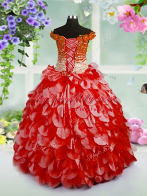 Super Red Off The Shoulder Neckline Beading and Hand Made Flower Girls Pageant Dresses Sleeveless Lace Up