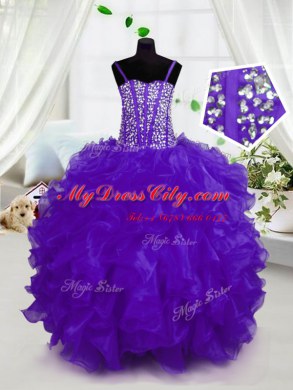 Elegant Organza Spaghetti Straps Sleeveless Lace Up Beading and Ruffles Teens Party Dress in Purple