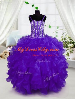 Elegant Organza Spaghetti Straps Sleeveless Lace Up Beading and Ruffles Teens Party Dress in Purple