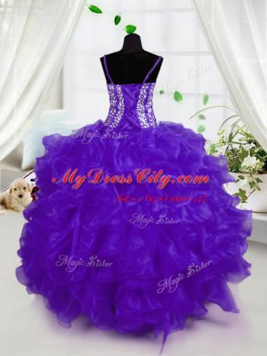 Elegant Organza Spaghetti Straps Sleeveless Lace Up Beading and Ruffles Teens Party Dress in Purple