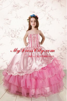 Embroidery and Ruffled Layers Little Girl Pageant Dress Rose Pink Lace Up Sleeveless Floor Length