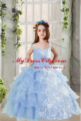 Sweet Baby Blue Lace Up Spaghetti Straps Lace and Ruffled Layers Girls Pageant Dresses Organza Long Sleeves