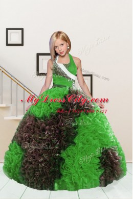 Customized Apple Green and Chocolate Ball Gowns Fabric With Rolling Flowers Halter Top Sleeveless Beading and Ruffles Floor Length Lace Up Pageant Dress for Womens