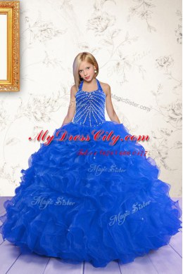 Discount Halter Top Floor Length Royal Blue Party Dress for Toddlers Organza Sleeveless Beading and Ruffles