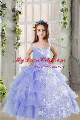 Sleeveless Floor Length Lace and Ruffled Layers Lace Up Pageant Gowns with Lavender