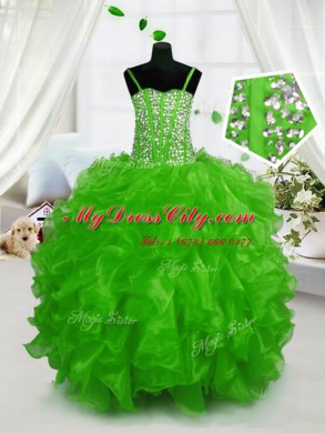 Fashionable Green Ball Gowns Spaghetti Straps Sleeveless Organza Floor Length Lace Up Beading and Ruffles Womens Party Dresses