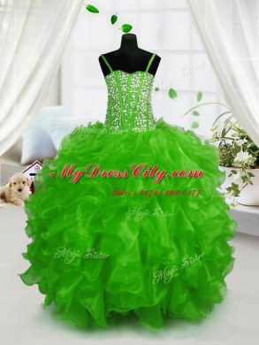 Fashionable Green Ball Gowns Spaghetti Straps Sleeveless Organza Floor Length Lace Up Beading and Ruffles Womens Party Dresses