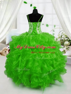 Fashionable Green Ball Gowns Spaghetti Straps Sleeveless Organza Floor Length Lace Up Beading and Ruffles Womens Party Dresses