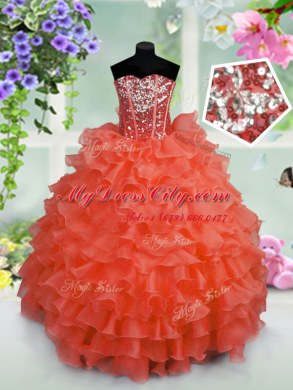 Fashionable Coral Red Lace Up Party Dress for Toddlers Ruffled Layers and Sequins Sleeveless Floor Length