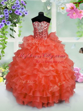 Fashionable Coral Red Lace Up Party Dress for Toddlers Ruffled Layers and Sequins Sleeveless Floor Length