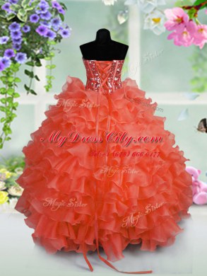 Fashionable Coral Red Lace Up Party Dress for Toddlers Ruffled Layers and Sequins Sleeveless Floor Length