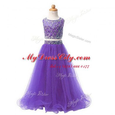 Custom Made Scoop Lavender Two Pieces Beading Toddler Flower Girl Dress Zipper Organza Sleeveless Floor Length