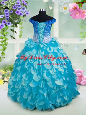 Most Popular Off the Shoulder Turquoise Organza Lace Up Pageant Dress for Teens Sleeveless Floor Length Beading and Sashes ribbons and Sequins