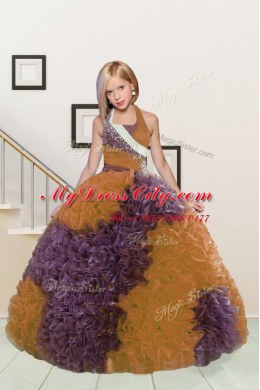 Halter Top Sleeveless Custom Made Floor Length Beading and Ruffles Purple and Orange Fabric With Rolling Flowers