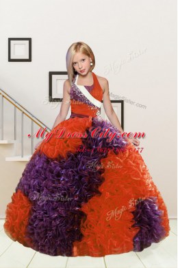 Halter Top Purple and Orange Red Sleeveless Beading and Ruffles Floor Length Custom Made Pageant Dress