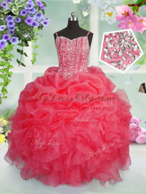 Stunning Rose Pink Lace Up Spaghetti Straps Beading and Ruffles and Pick Ups Pageant Dress for Teens Organza Sleeveless