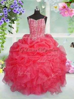 Stunning Rose Pink Lace Up Spaghetti Straps Beading and Ruffles and Pick Ups Pageant Dress for Teens Organza Sleeveless