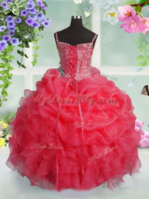 Stunning Rose Pink Lace Up Spaghetti Straps Beading and Ruffles and Pick Ups Pageant Dress for Teens Organza Sleeveless