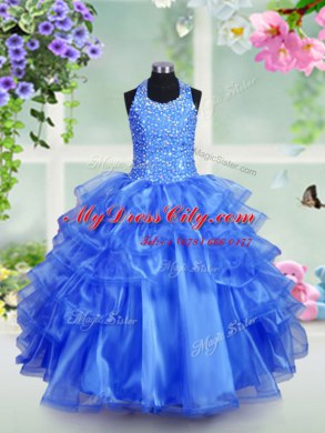 Ruffled Ball Gowns Party Dress for Toddlers Royal Blue Halter Top Organza Sleeveless Floor Length Lace Up