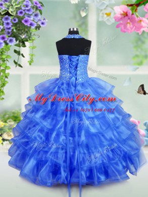 Ruffled Ball Gowns Party Dress for Toddlers Royal Blue Halter Top Organza Sleeveless Floor Length Lace Up